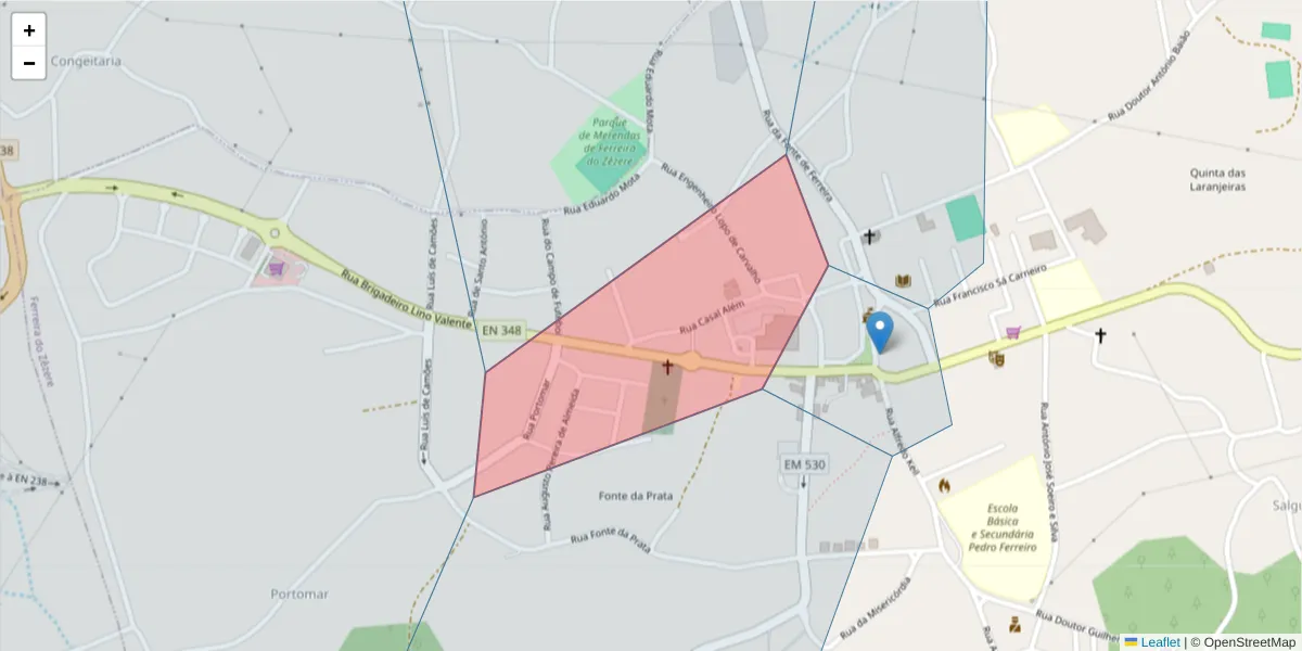 Mapa detalhado do código postal 2240-350 com limites, códigos postais vizinhos e agências dos correios