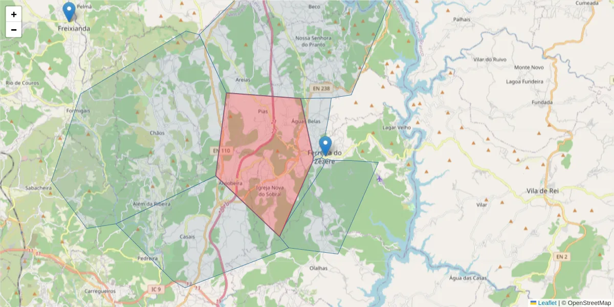 Mapa detalhado do código postal 2240-385 com limites, códigos postais vizinhos e agências dos correios
