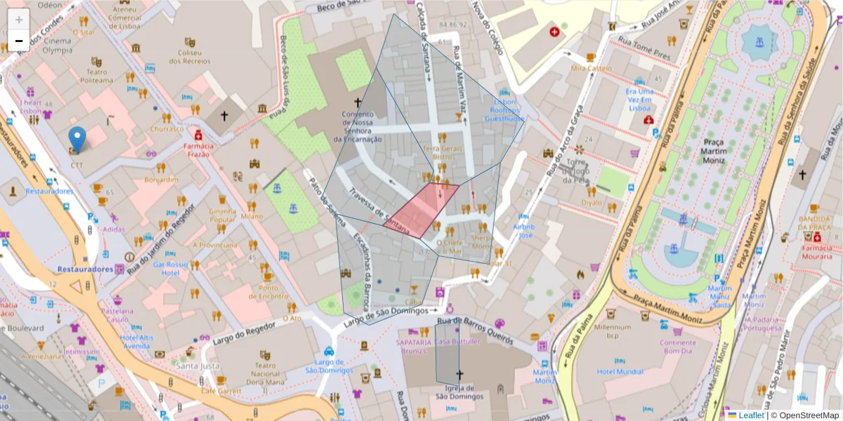 Mapa detalhado do código postal 2250-301 com limites, códigos postais vizinhos e agências dos correios