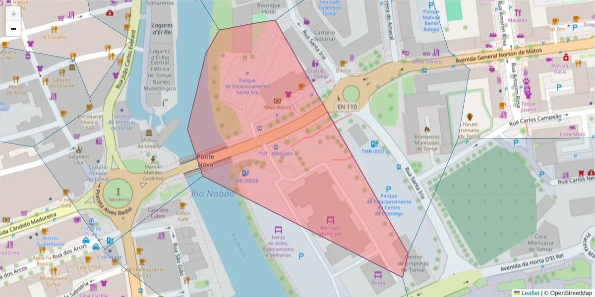 Mapa detalhado do código postal 2300-012 com limites, códigos postais vizinhos e agências dos correios