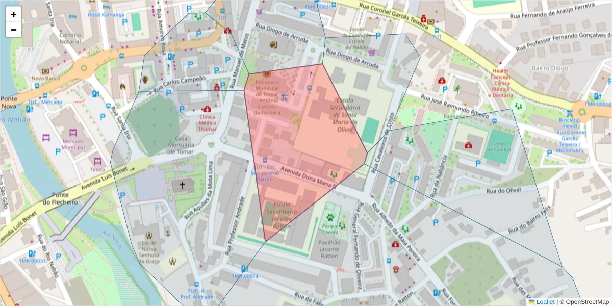 Mapa detalhado do código postal 2300-303 com limites, códigos postais vizinhos e agências dos correios