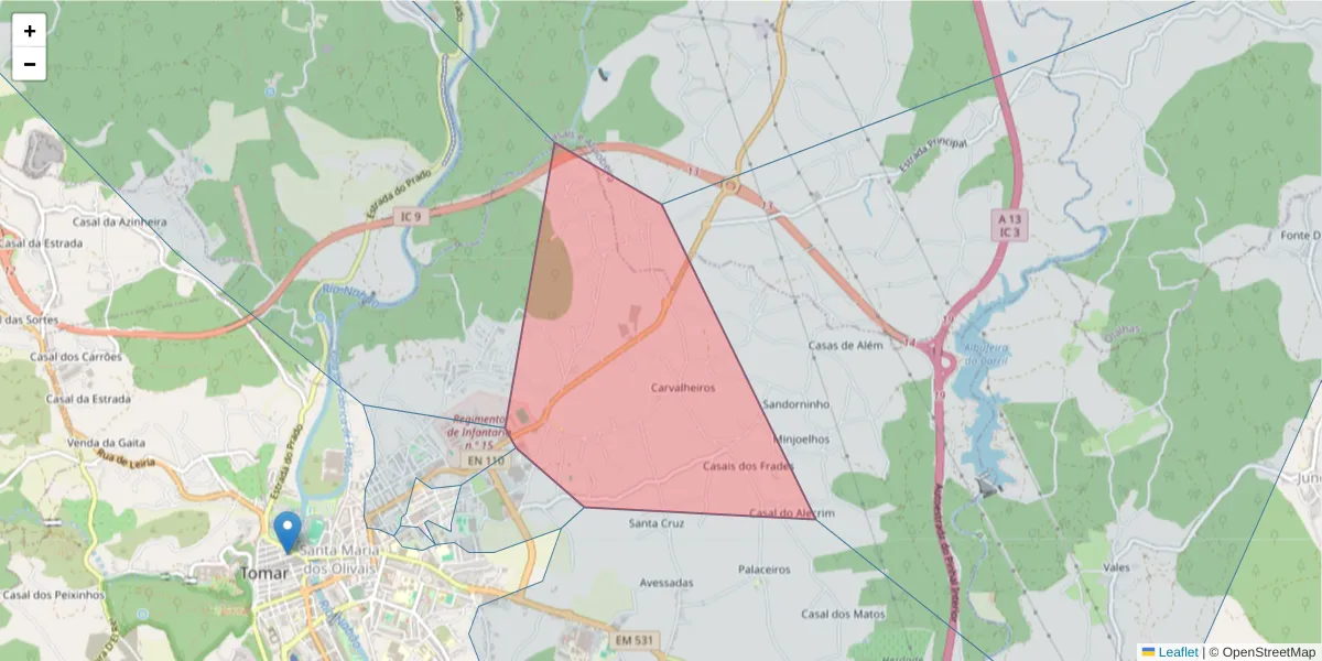 Mapa detalhado do código postal 2300-310 com limites, códigos postais vizinhos e agências dos correios