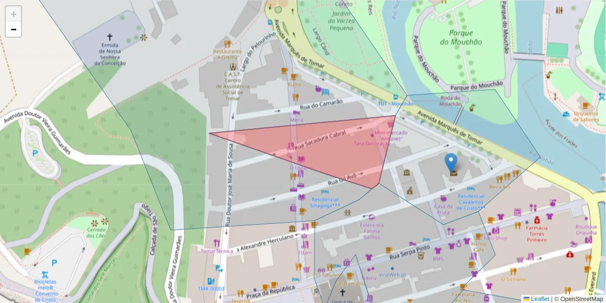 Mapa detalhado do código postal 2300-393 com limites, códigos postais vizinhos e agências dos correios