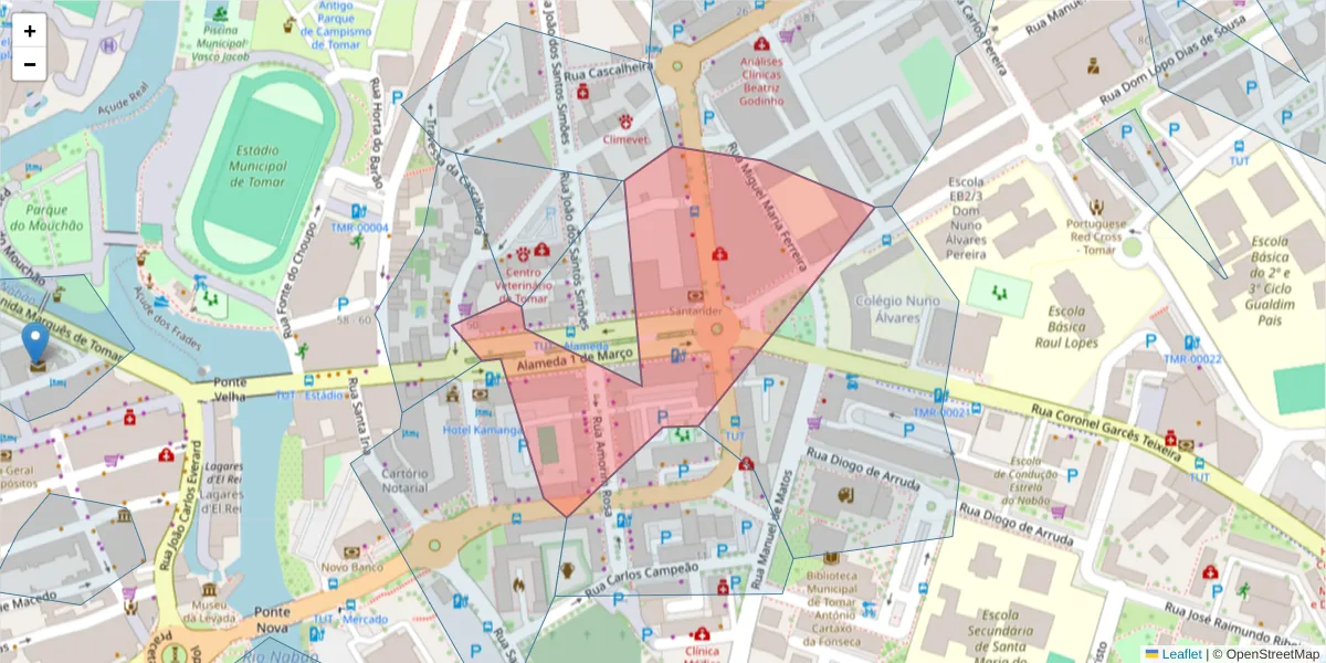 Mapa detalhado do código postal 2300-431 com limites, códigos postais vizinhos e agências dos correios