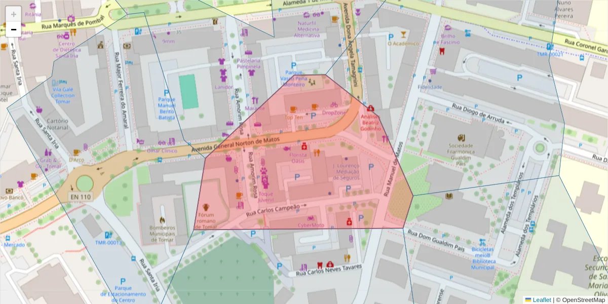 Mapa detalhado do código postal 2300-456 com limites, códigos postais vizinhos e agências dos correios