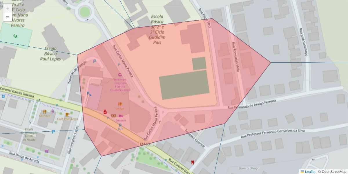 Mapa detalhado do código postal 2300-457 com limites, códigos postais vizinhos e agências dos correios