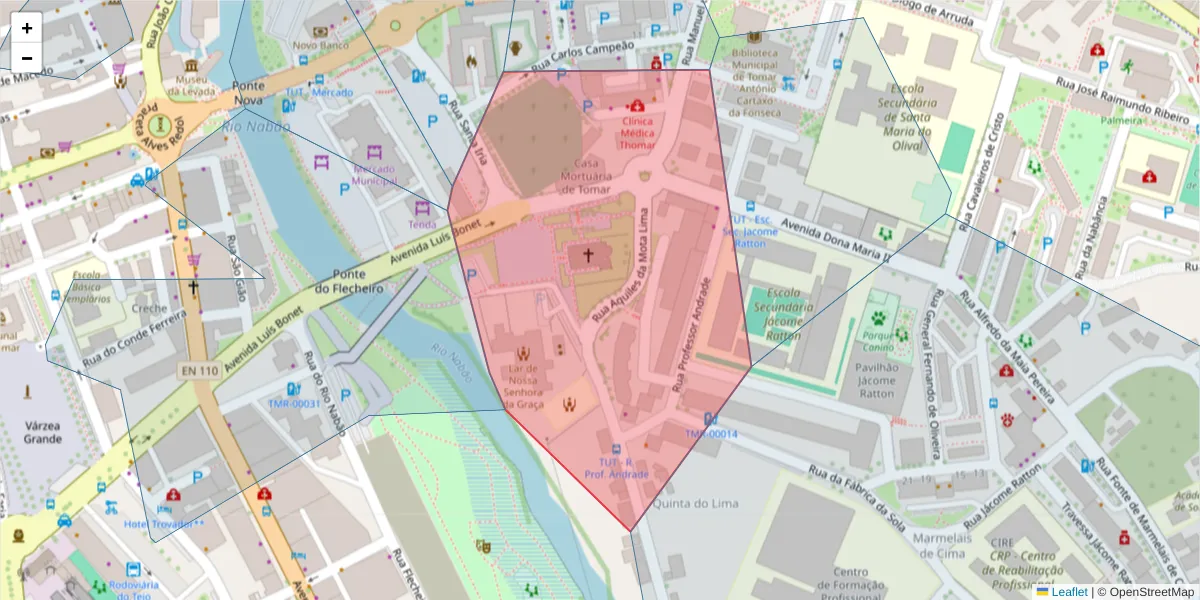Mapa detalhado do código postal 2300-458 com limites, códigos postais vizinhos e agências dos correios