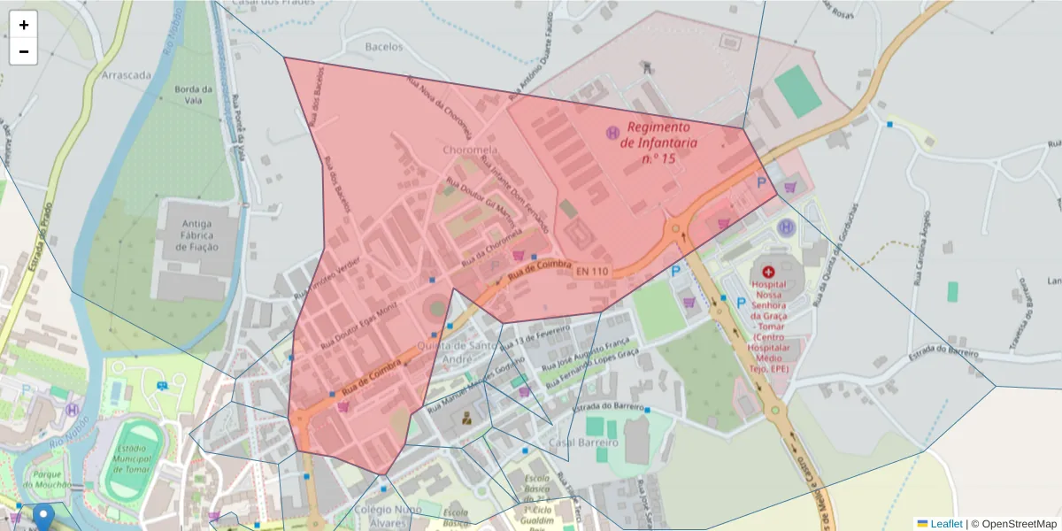 Mapa detalhado do código postal 2300-471 com limites, códigos postais vizinhos e agências dos correios