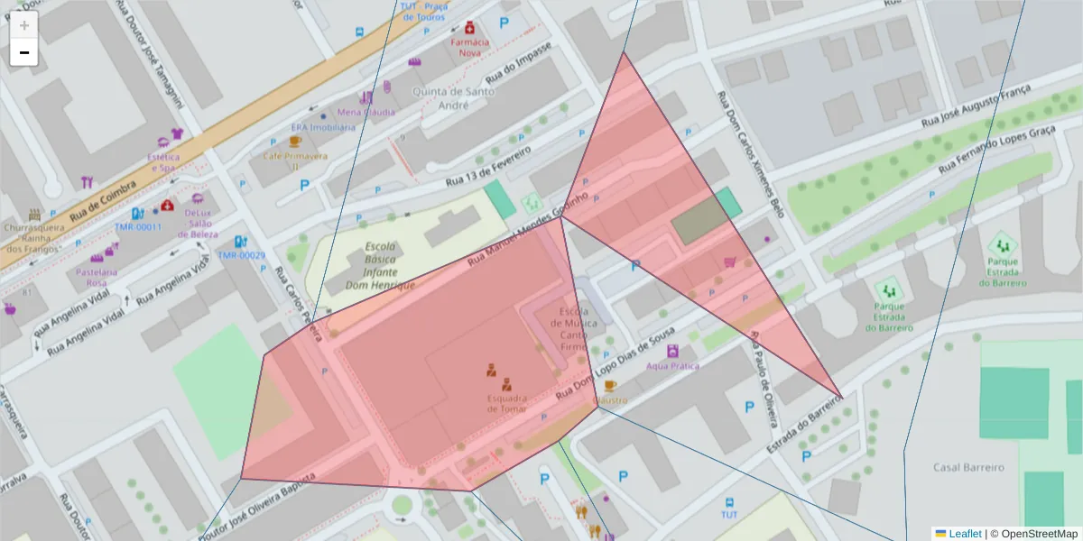 Mapa detalhado do código postal 2300-483 com limites, códigos postais vizinhos e agências dos correios