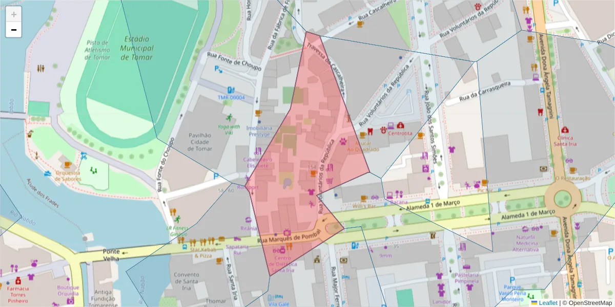 Mapa detalhado do código postal 2300-489 com limites, códigos postais vizinhos e agências dos correios