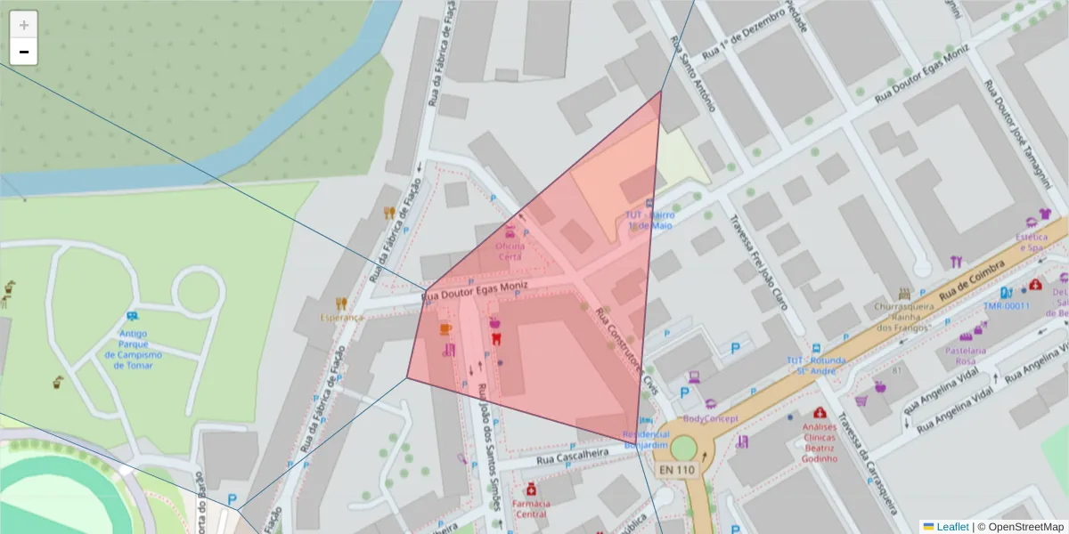 Mapa detalhado do código postal 2300-500 com limites, códigos postais vizinhos e agências dos correios
