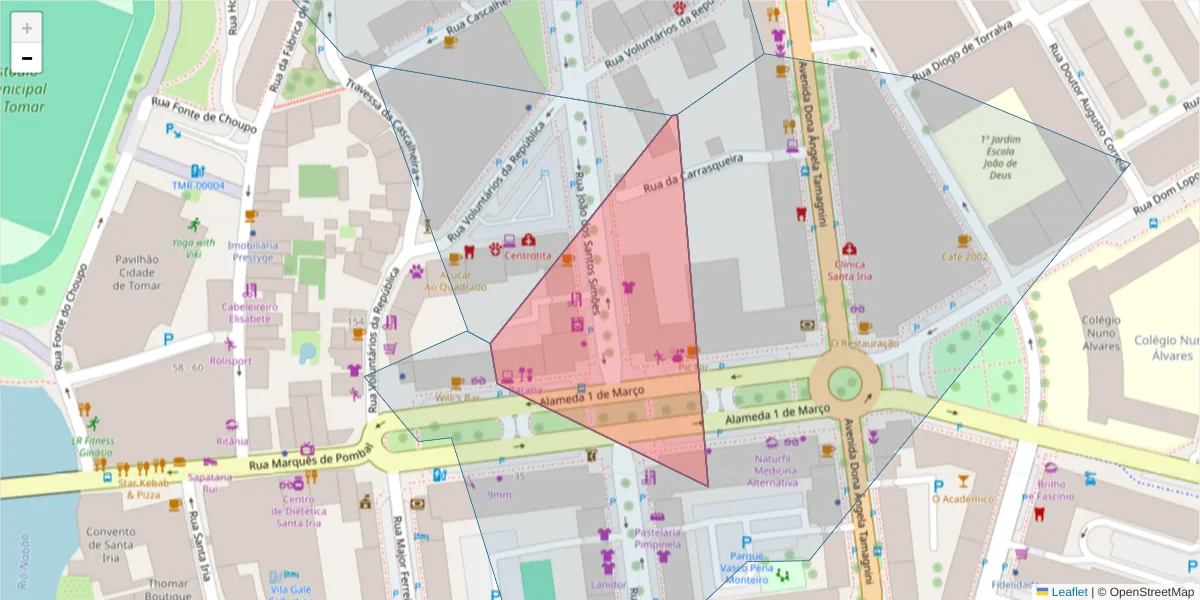 Mapa detalhado do código postal 2300-501 com limites, códigos postais vizinhos e agências dos correios