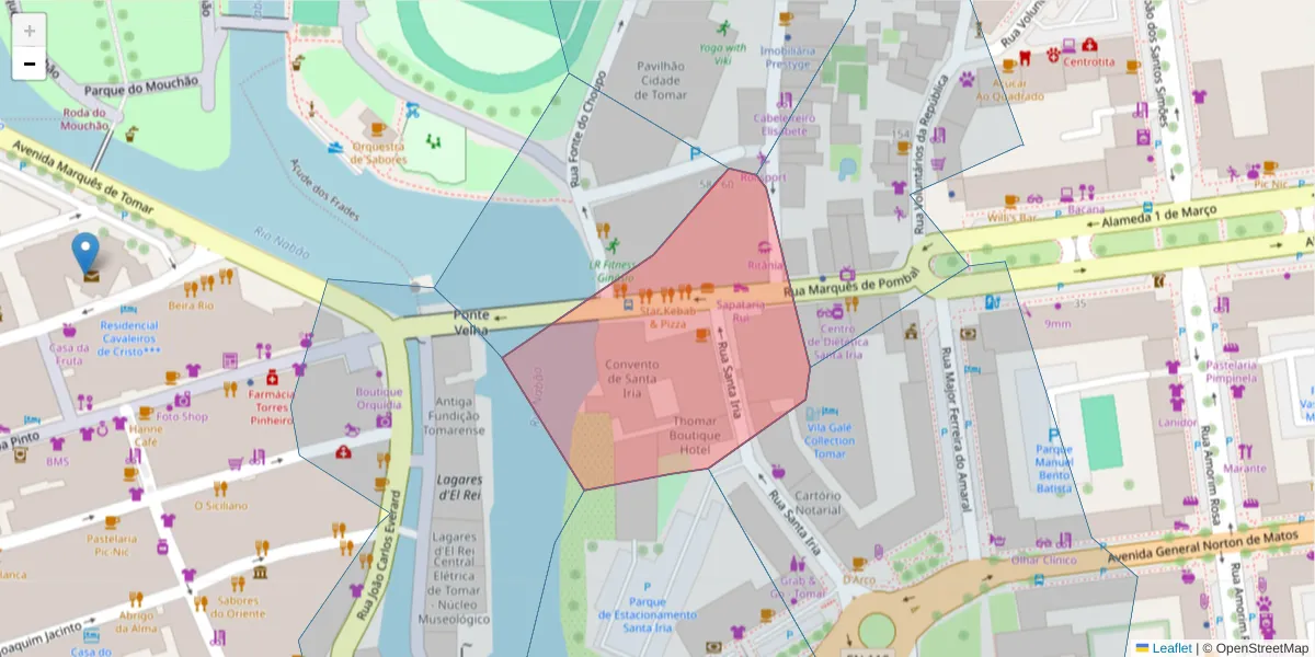 Mapa detalhado do código postal 2300-510 com limites, códigos postais vizinhos e agências dos correios