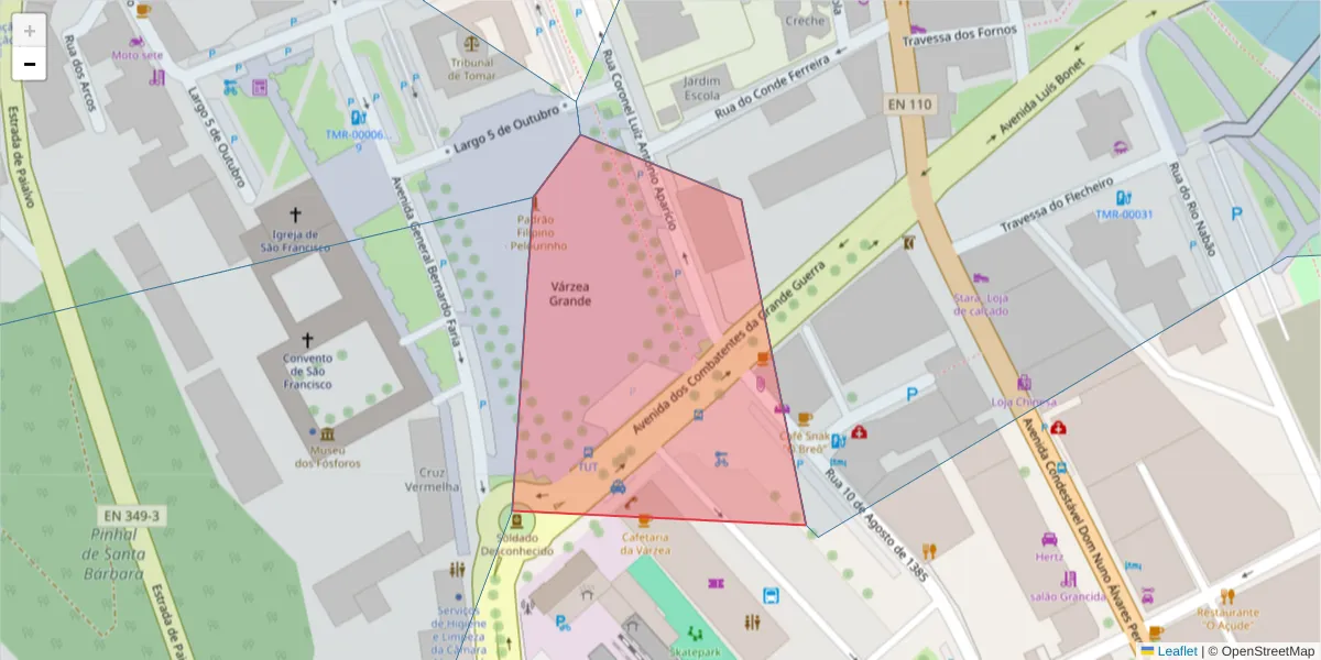 Mapa detalhado do código postal 2300-533 com limites, códigos postais vizinhos e agências dos correios