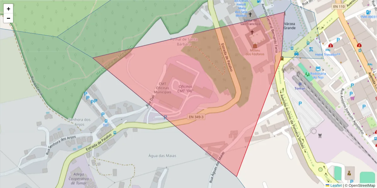 Mapa detalhado do código postal 2300-535 com limites, códigos postais vizinhos e agências dos correios
