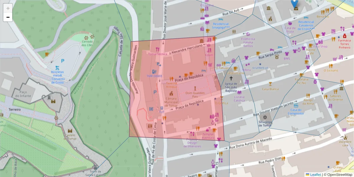 Mapa detalhado do código postal 2300-550 com limites, códigos postais vizinhos e agências dos correios