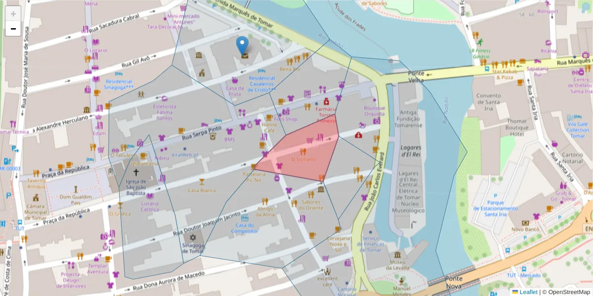 Mapa detalhado do código postal 2300-568 com limites, códigos postais vizinhos e agências dos correios