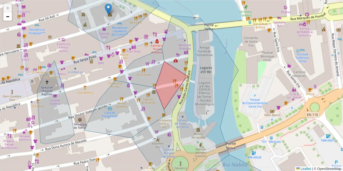 Mapa detalhado do código postal 2300-577 com limites, códigos postais vizinhos e agências dos correios