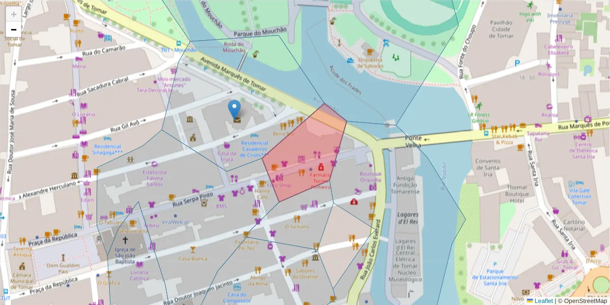 Mapa detalhado do código postal 2300-680 com limites, códigos postais vizinhos e agências dos correios