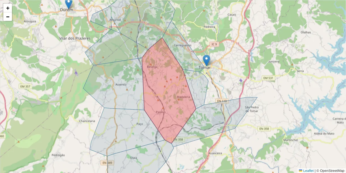 Mapa detalhado do código postal 2305-417 com limites, códigos postais vizinhos e agências dos correios