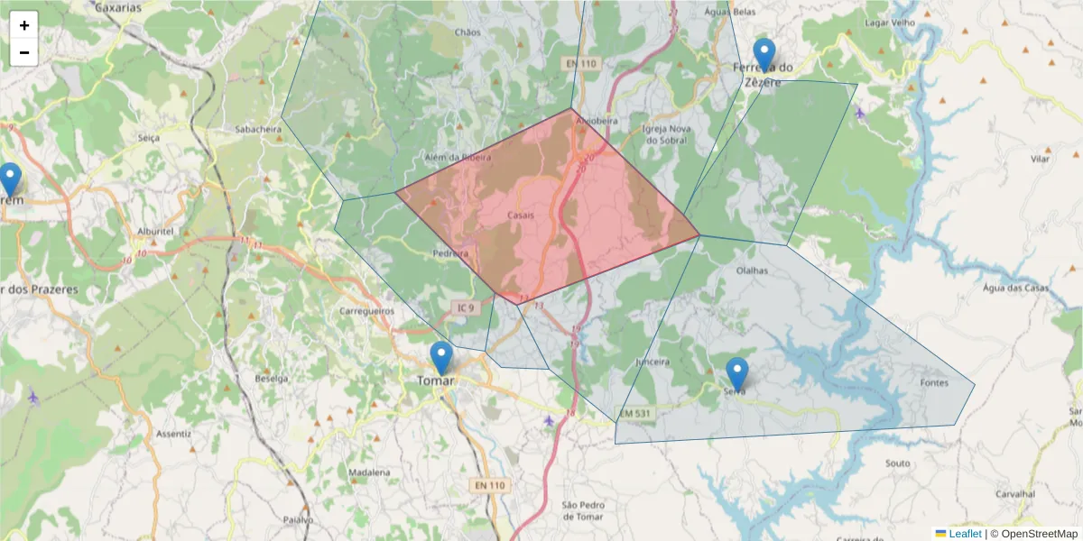 Mapa detalhado do código postal 2305 com limites, códigos postais vizinhos e agências dos correios