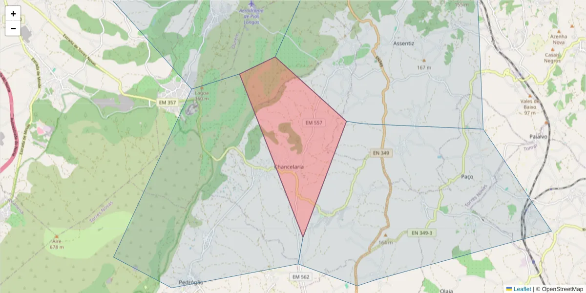Mapa detalhado do código postal 2350-073 com limites, códigos postais vizinhos e agências dos correios