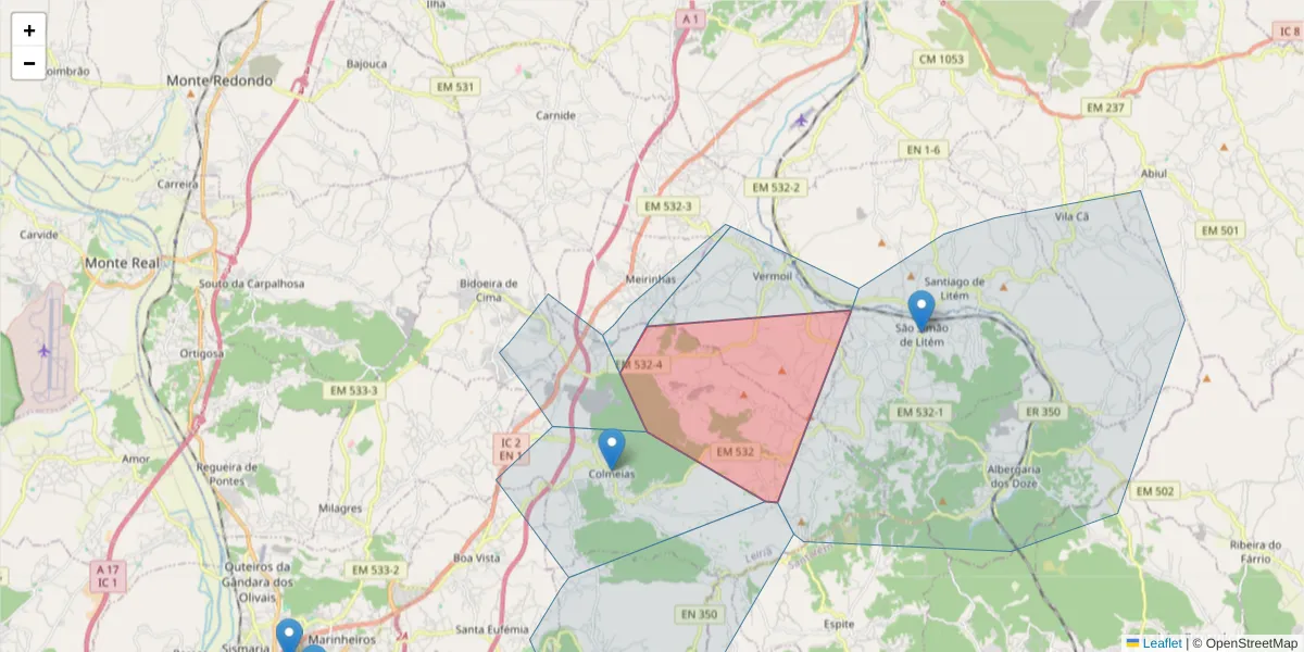 Mapa detalhado do código postal 2420-197 com limites, códigos postais vizinhos e agências dos correios
