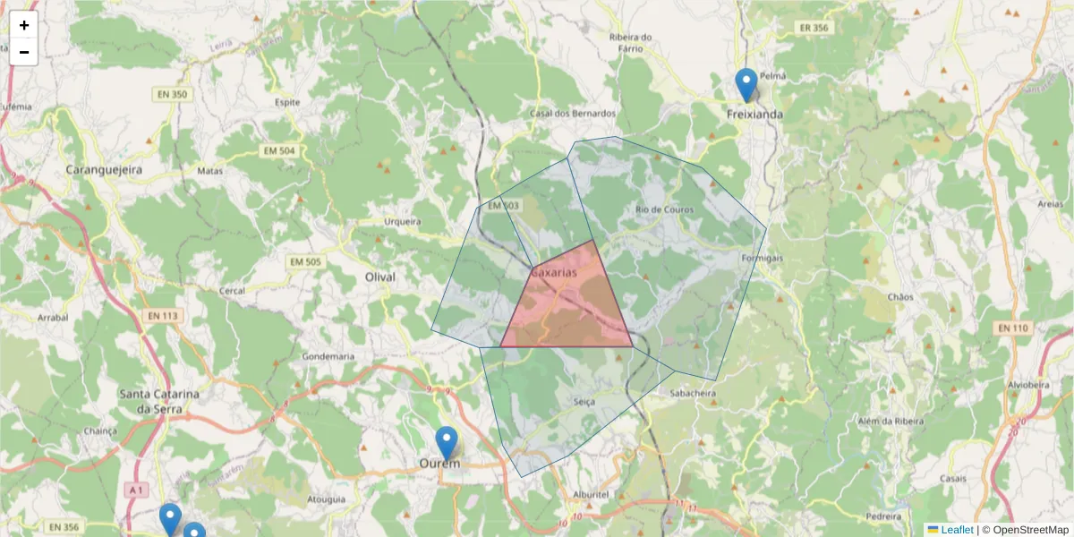 Mapa detalhado do código postal 2435-125 com limites, códigos postais vizinhos e agências dos correios