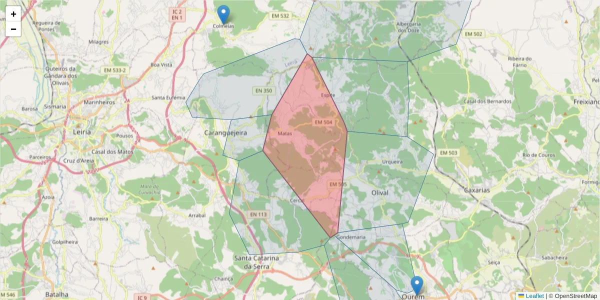 Mapa detalhado do código postal 2435-391 com limites, códigos postais vizinhos e agências dos correios