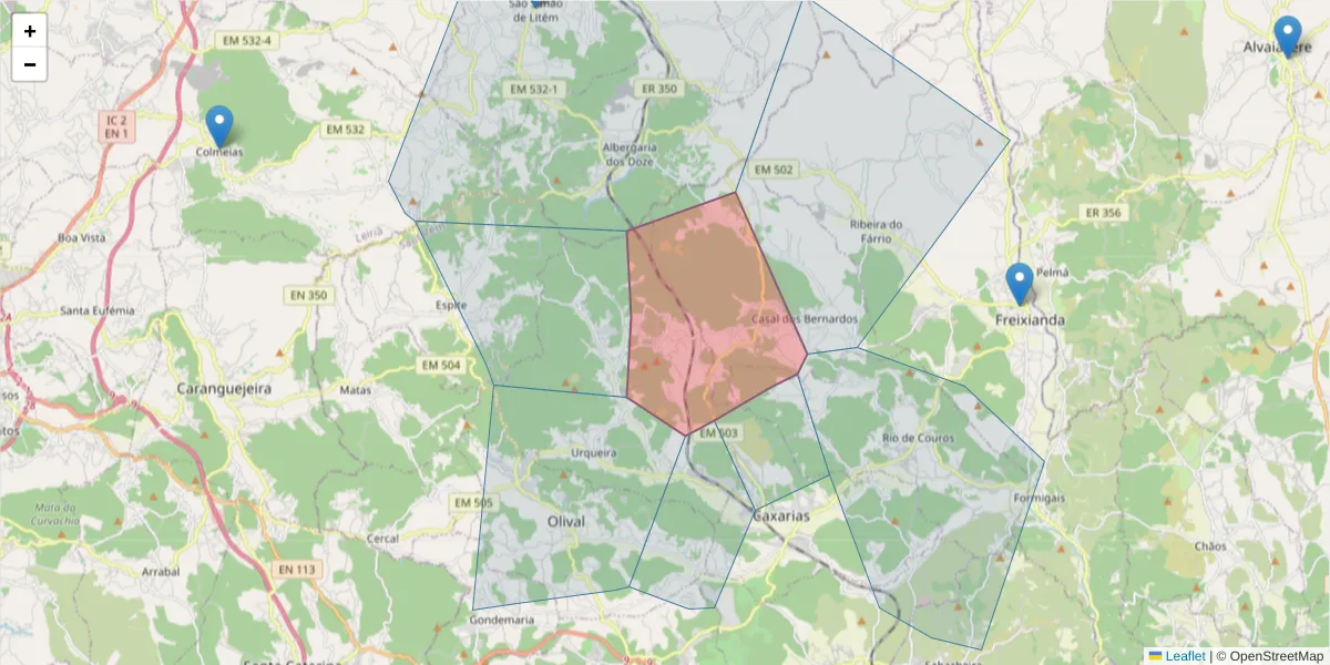 Mapa detalhado do código postal 2435-689 com limites, códigos postais vizinhos e agências dos correios