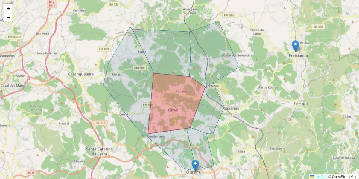 Mapa detalhado do código postal 2435-712 com limites, códigos postais vizinhos e agências dos correios