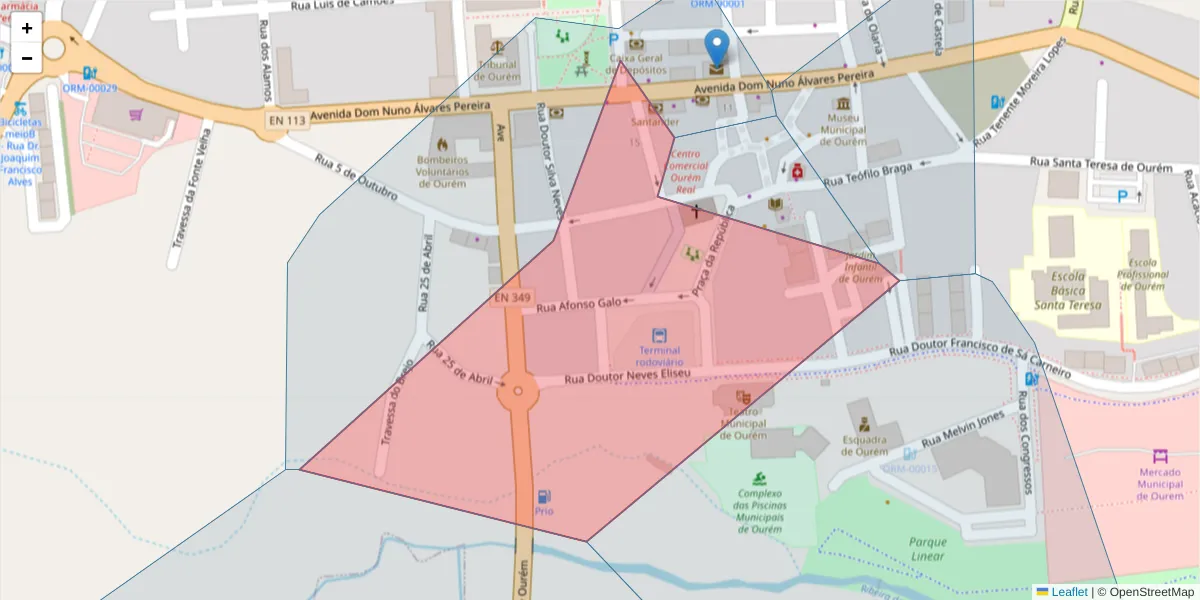 Mapa detalhado do código postal 2490-515 com limites, códigos postais vizinhos e agências dos correios