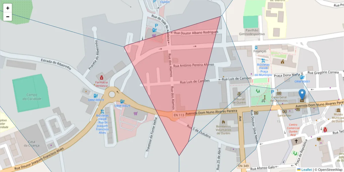 Mapa detalhado do código postal 2490-522 com limites, códigos postais vizinhos e agências dos correios