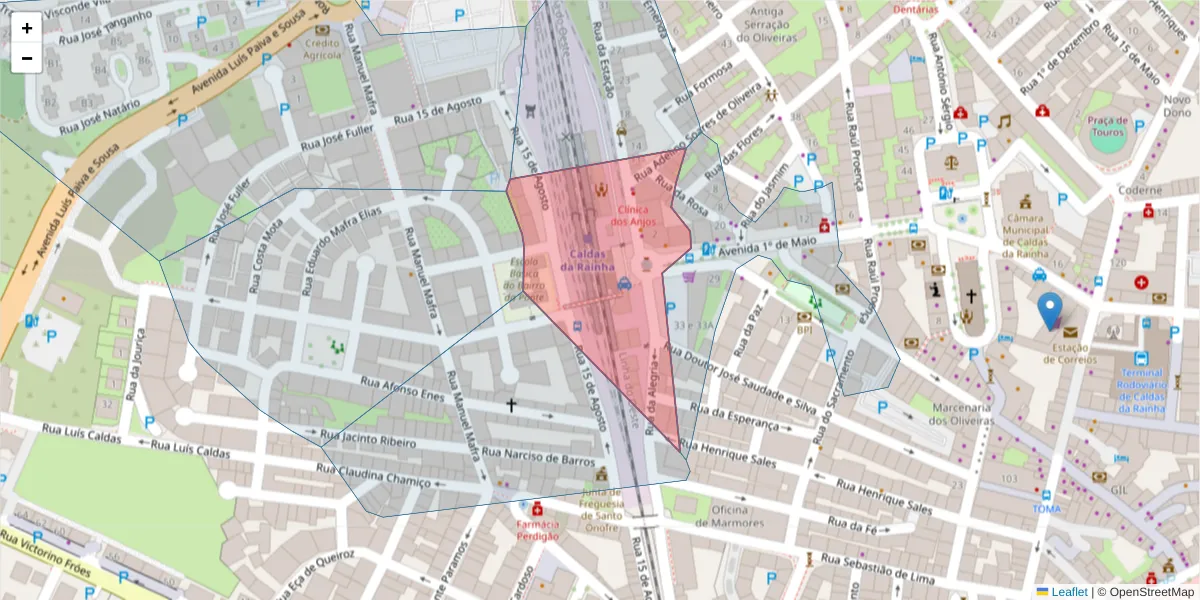 Mapa detalhado do código postal 2500-116 com limites, códigos postais vizinhos e agências dos correios