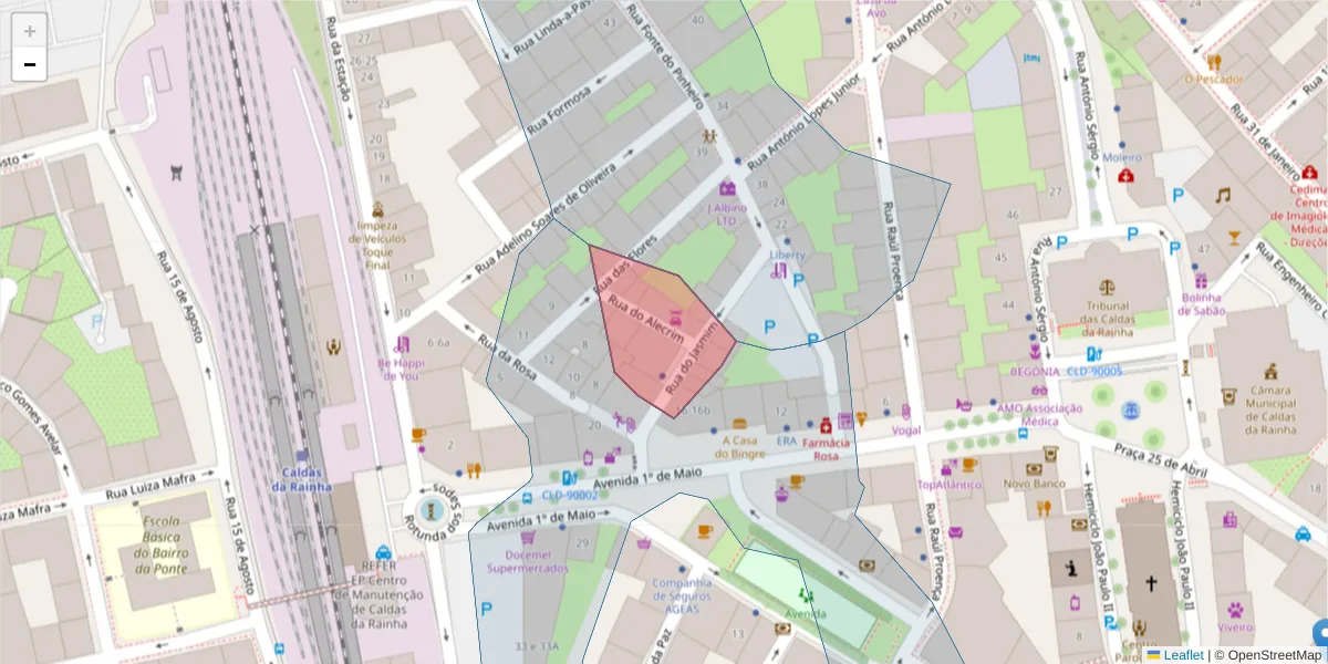 Mapa detalhado do código postal 2500-179 com limites, códigos postais vizinhos e agências dos correios