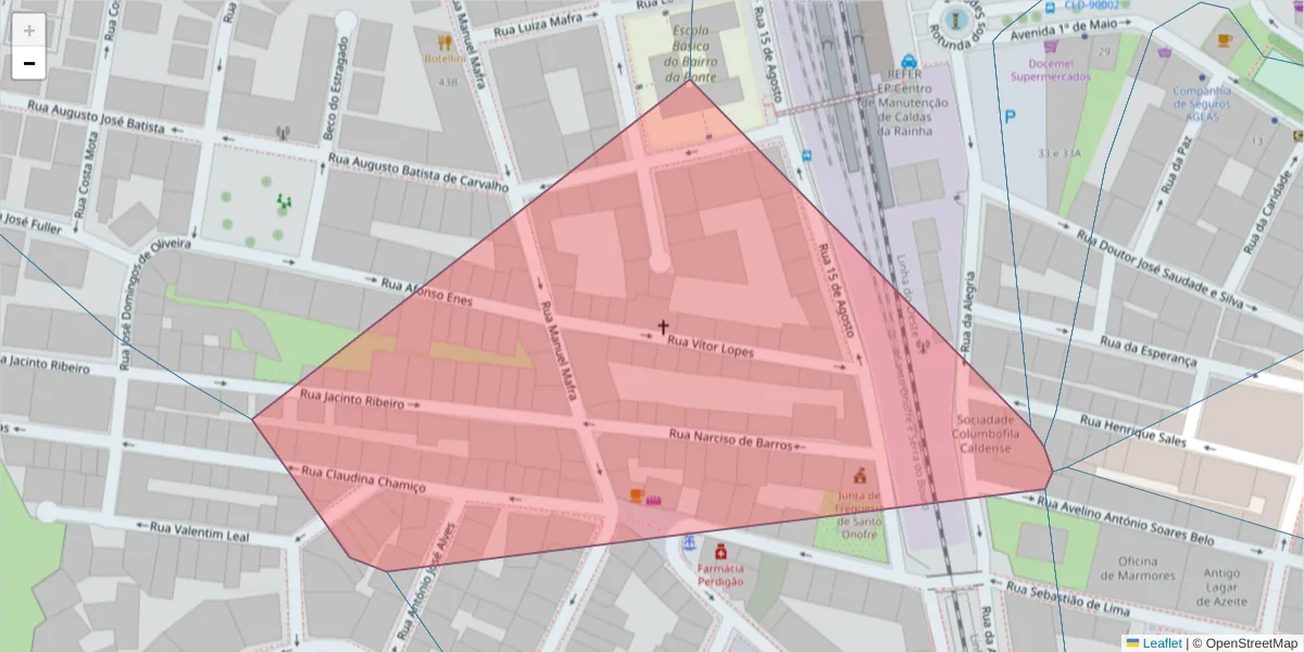 Mapa detalhado do código postal 2500-821 Caldas da Rainha com limites, códigos postais vizinhos e agências dos correios