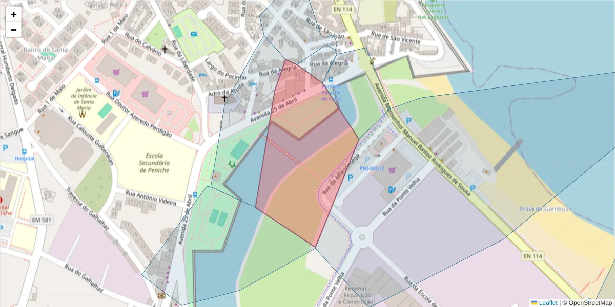 Mapa detalhado do código postal 2520-202 com limites, códigos postais vizinhos e agências dos correios