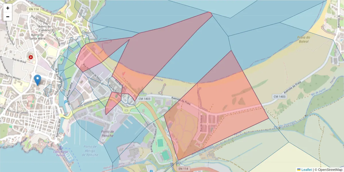 Mapa detalhado do código postal 2520-206 com limites, códigos postais vizinhos e agências dos correios