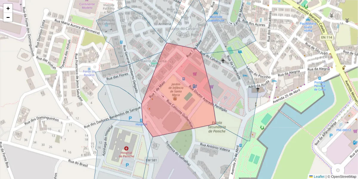 Mapa detalhado do código postal 2520-301 com limites, códigos postais vizinhos e agências dos correios