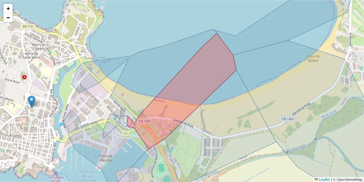 Mapa detalhado do código postal 2520-303 com limites, códigos postais vizinhos e agências dos correios