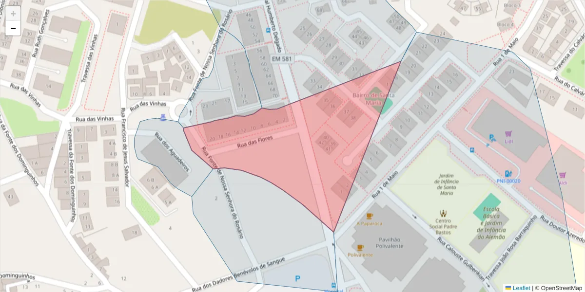 Mapa detalhado do código postal 2520-347 com limites, códigos postais vizinhos e agências dos correios