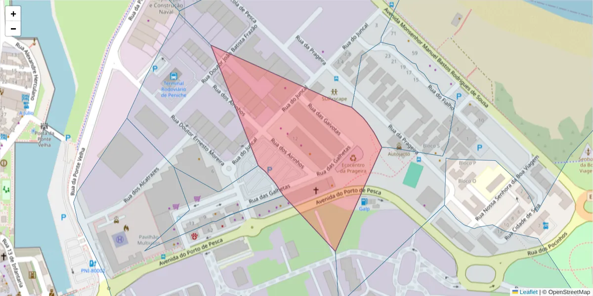 Mapa detalhado do código postal 2520-348 com limites, códigos postais vizinhos e agências dos correios