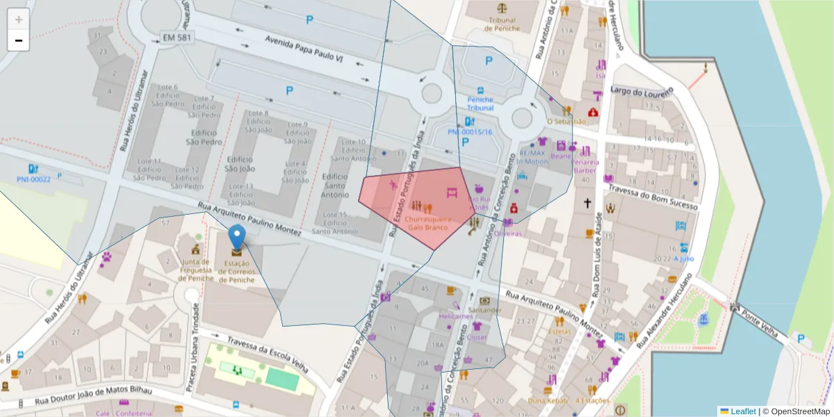 Mapa detalhado do código postal 2520-400 com limites, códigos postais vizinhos e agências dos correios