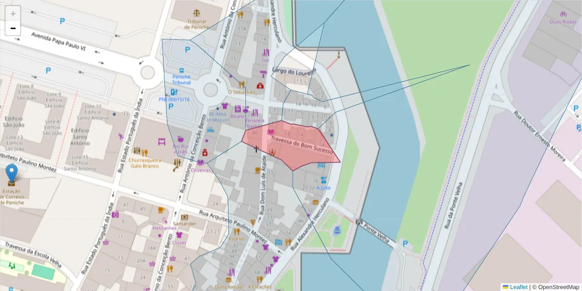 Mapa detalhado do código postal 2520-525 com limites, códigos postais vizinhos e agências dos correios