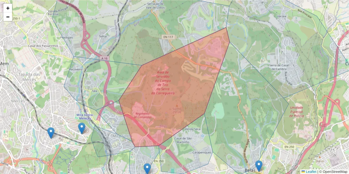 Mapa detalhado do código postal 2605-045 com limites, códigos postais vizinhos e agências dos correios