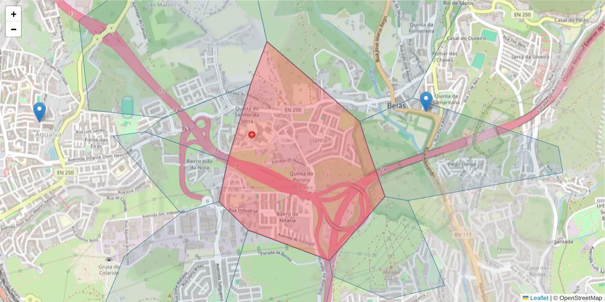 Mapa detalhado do código postal 2605-086 com limites, códigos postais vizinhos e agências dos correios