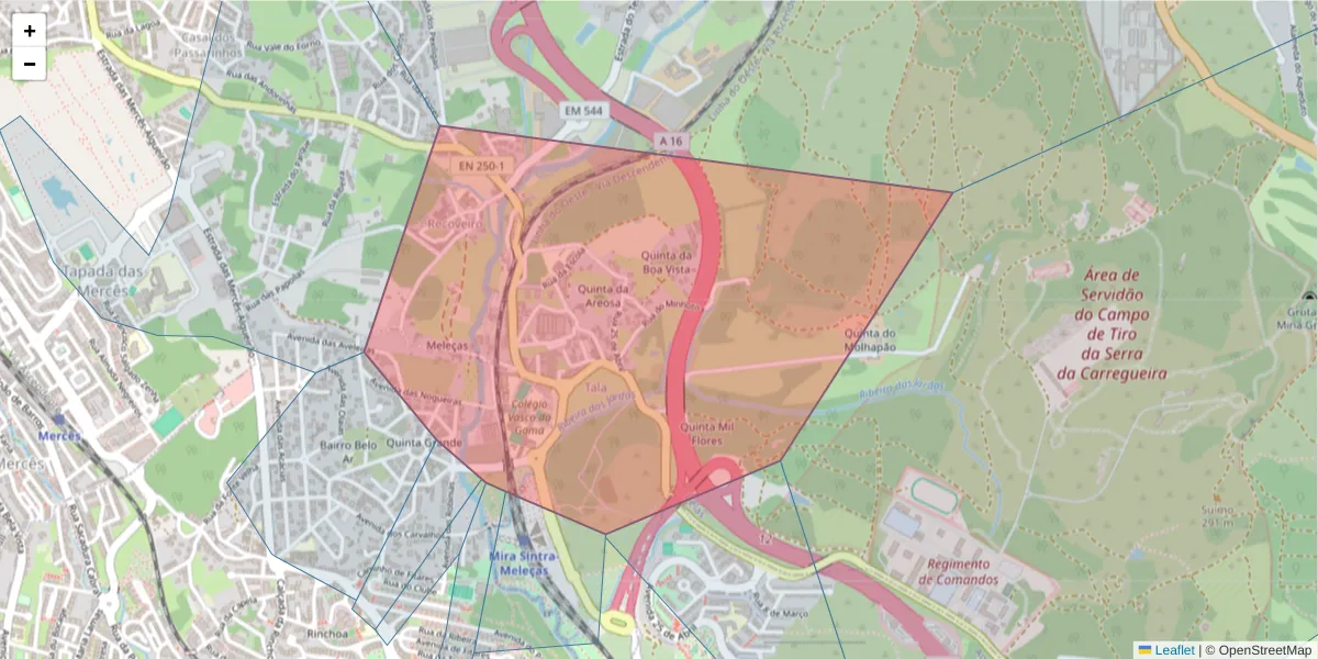 Mapa detalhado do código postal 2605-164 com limites, códigos postais vizinhos e agências dos correios