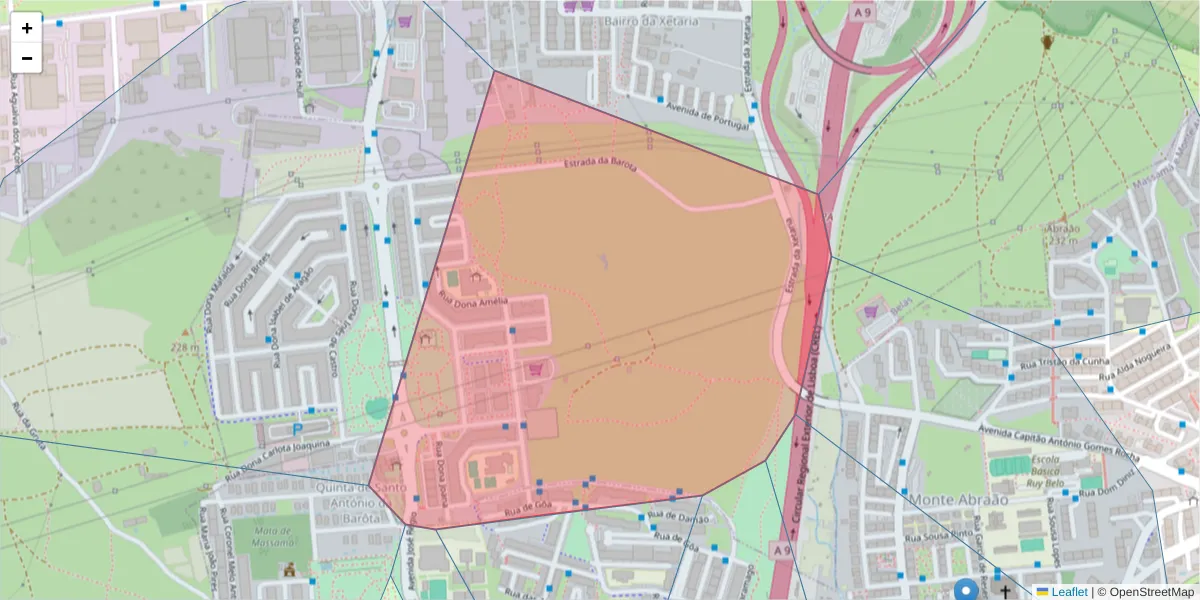 Mapa detalhado do código postal 2605-663 com limites, códigos postais vizinhos e agências dos correios