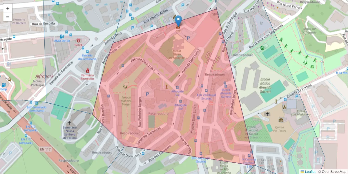 Mapa detalhado do código postal 2610-999 com limites, códigos postais vizinhos e agências dos correios