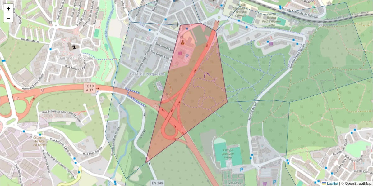 Mapa detalhado do código postal 2635-003 com limites, códigos postais vizinhos e agências dos correios